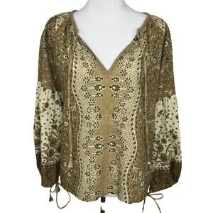 D'ascoli Peasant Blouse Size Medium Brown Floral Long Sleeve Cotton‎ Boho Resort